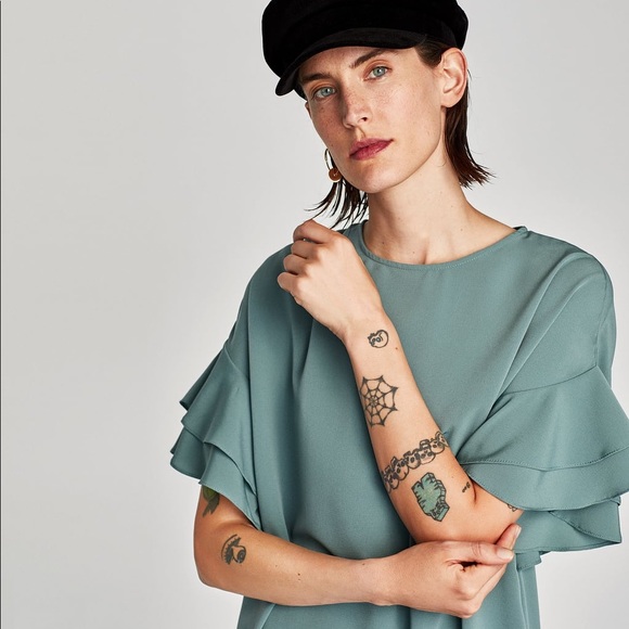 NWOT Zara Teal Crepe Frilled Sleeve Mini Dress - Picture 3 of 8